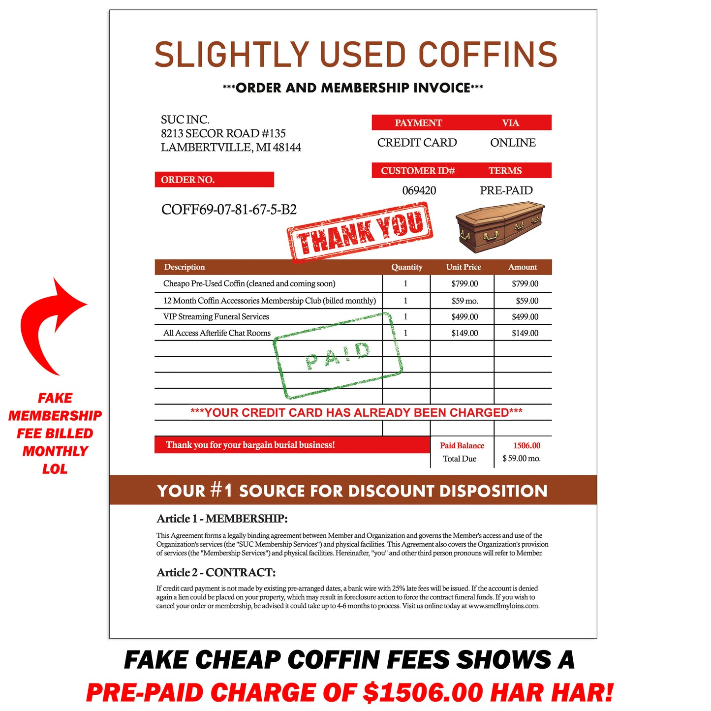 Slightly Used Cheap Coffins Fake Document Prank Mail