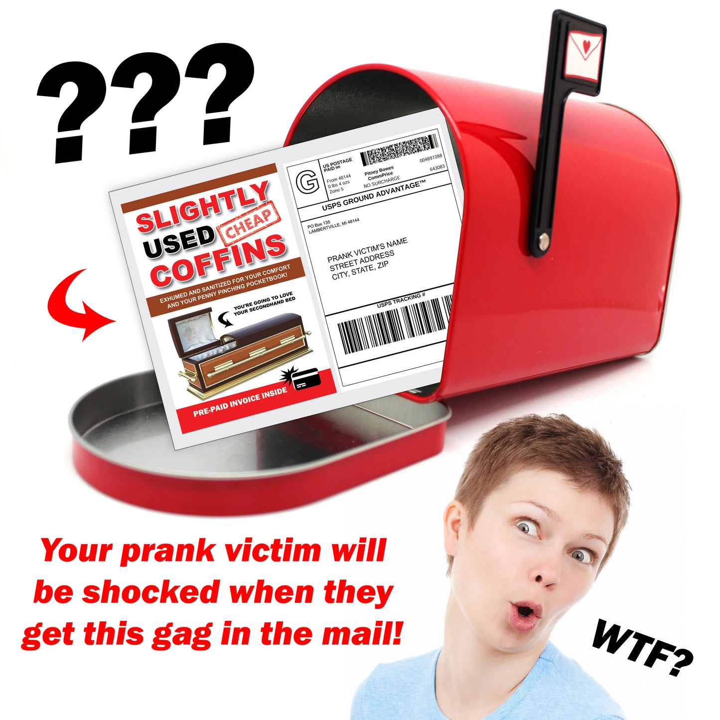 Slightly Used Cheap Coffins Fake Document Prank Mail