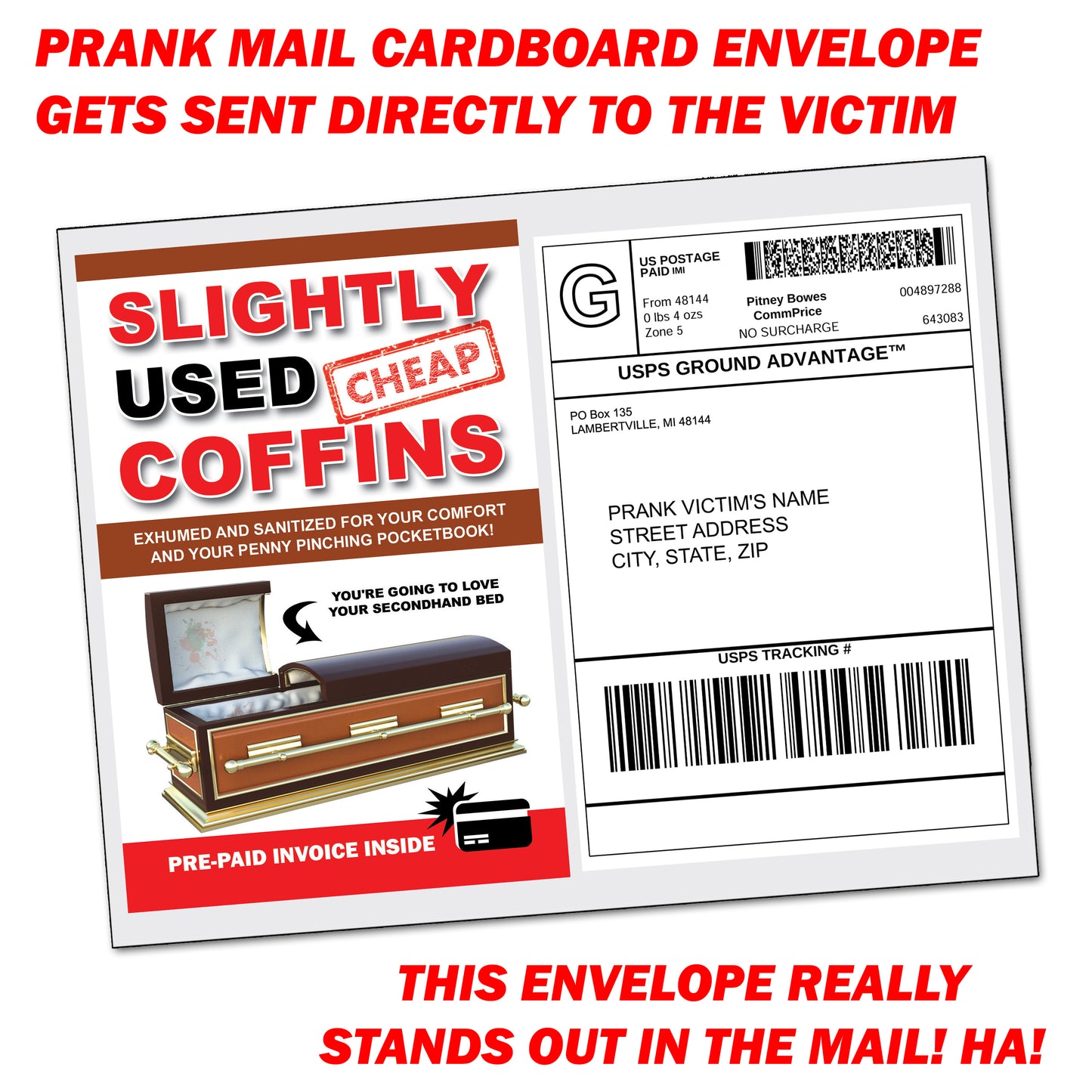 Slightly Used Cheap Coffins Fake Document Prank Mail