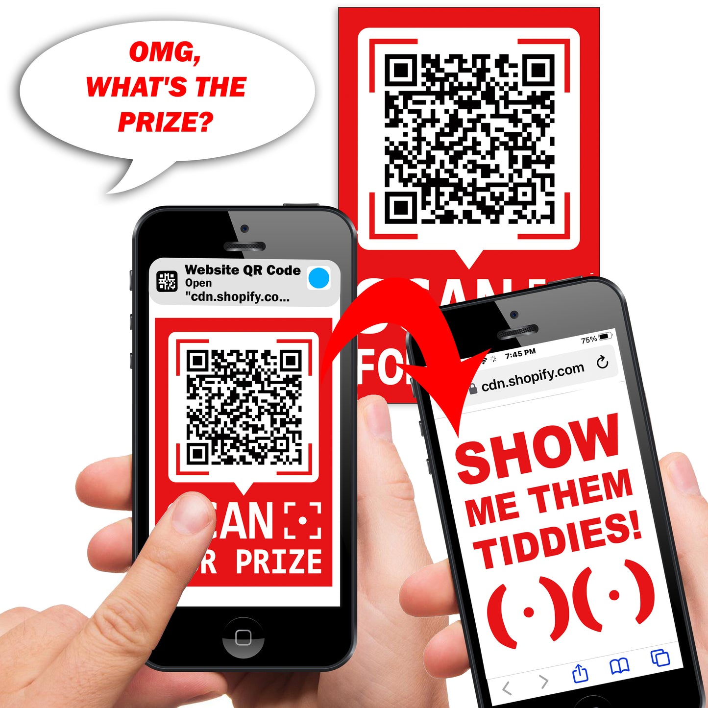 Show Me Them Tiddies QR Code Prank Prize Stickers - 15 QTY