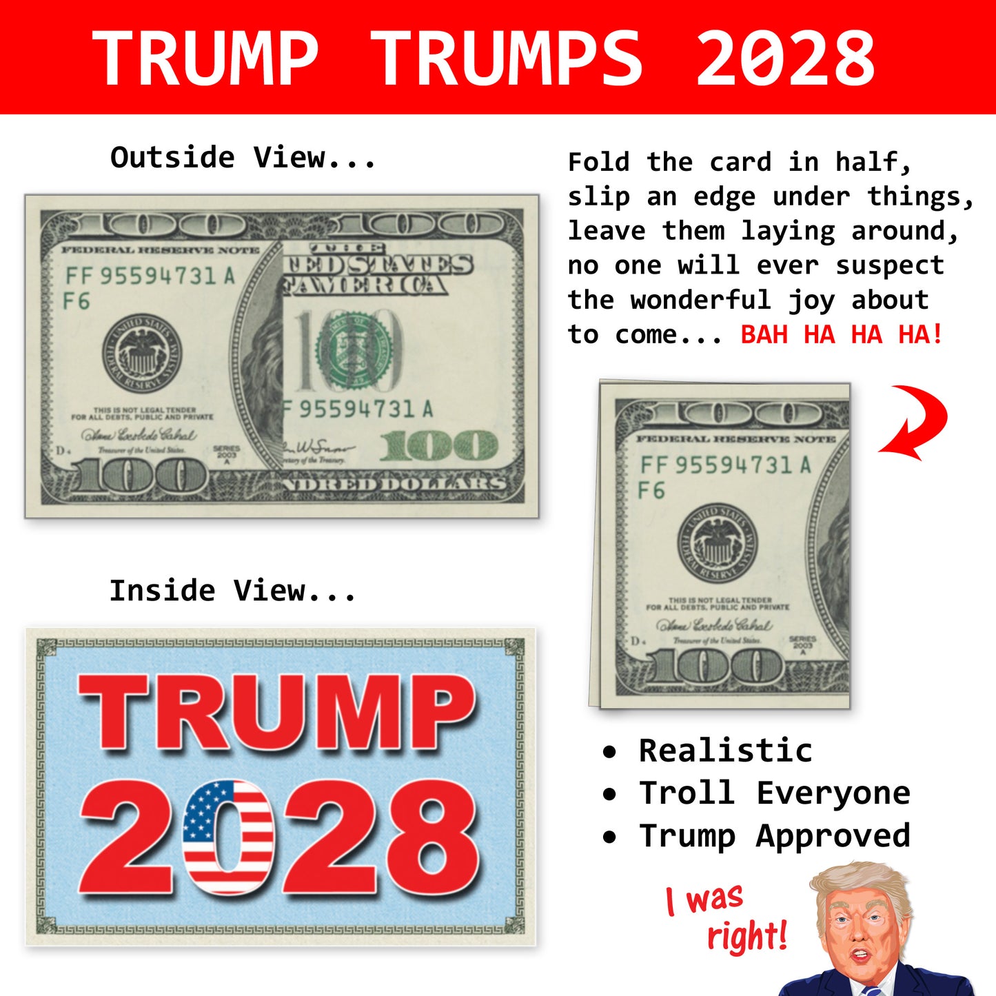 Trump 2028 Fake Prank 100 Dollar Bills Money! 50 Qty! Troll Everyone!
