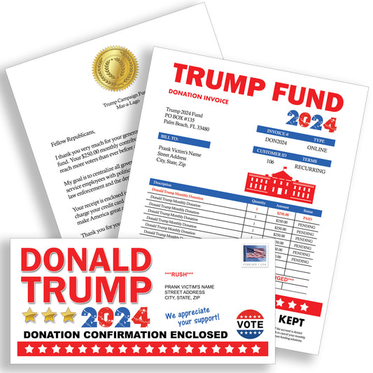 Donald Trump Fake Donation Confirmation Prank Mail Packet