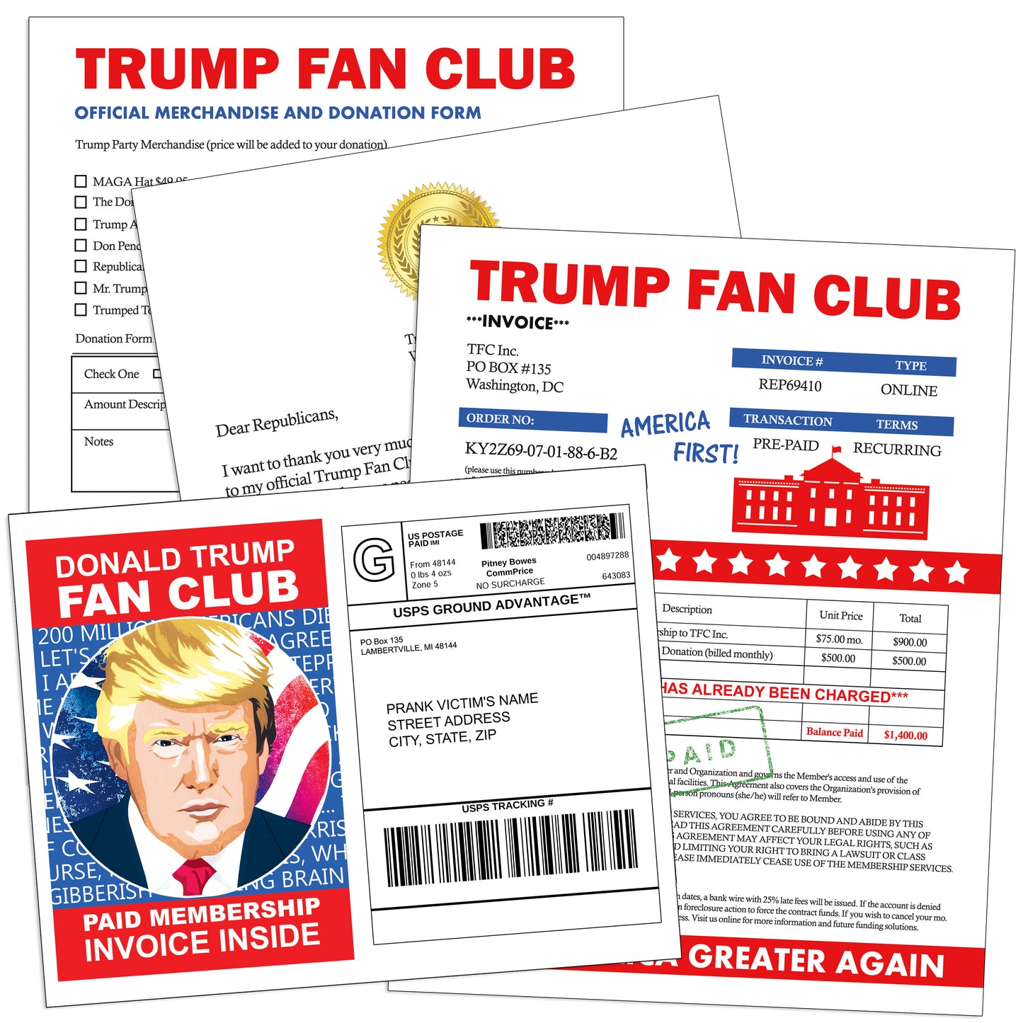 Donald Trump Fan Club Donation Prank Packet Mail