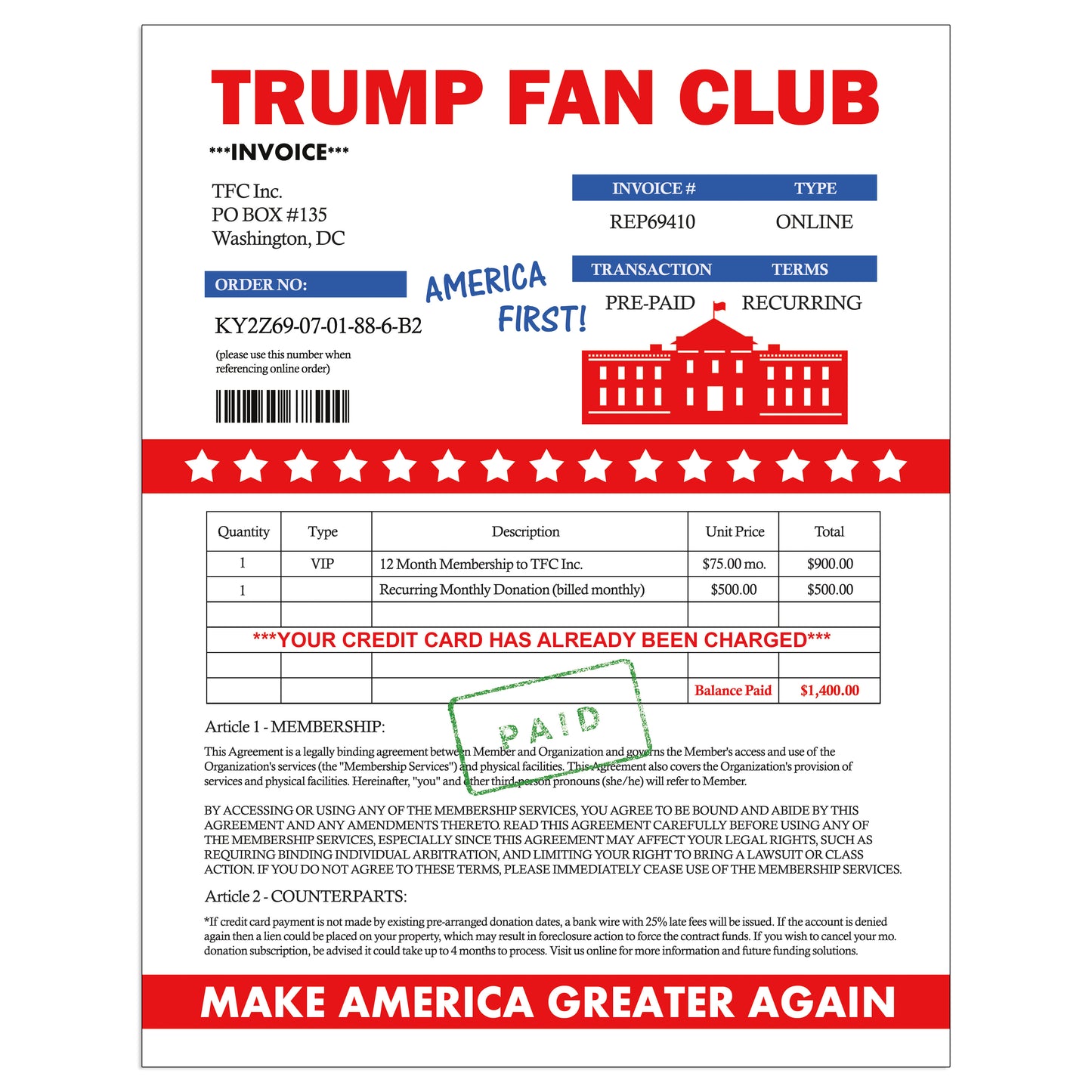 Donald Trump Fan Club Donation Prank Packet Mail