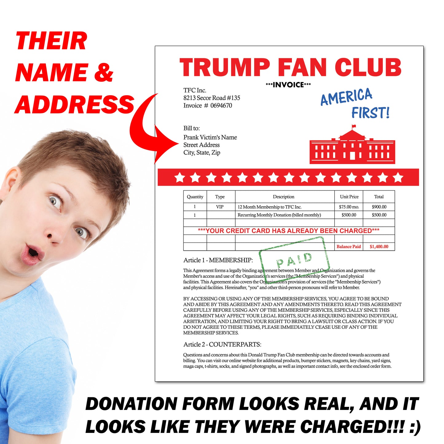 Donald Trump Fan Club Donation Prank Packet Mail