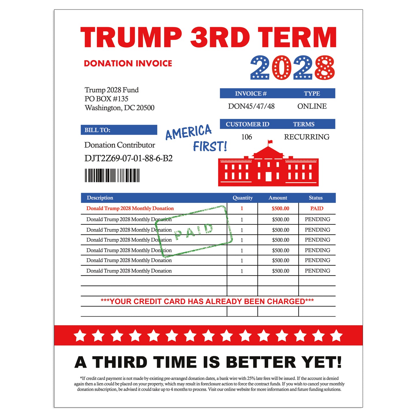 Donald Trump 3rd Term 2028 Donation Prank Political Packet Mail