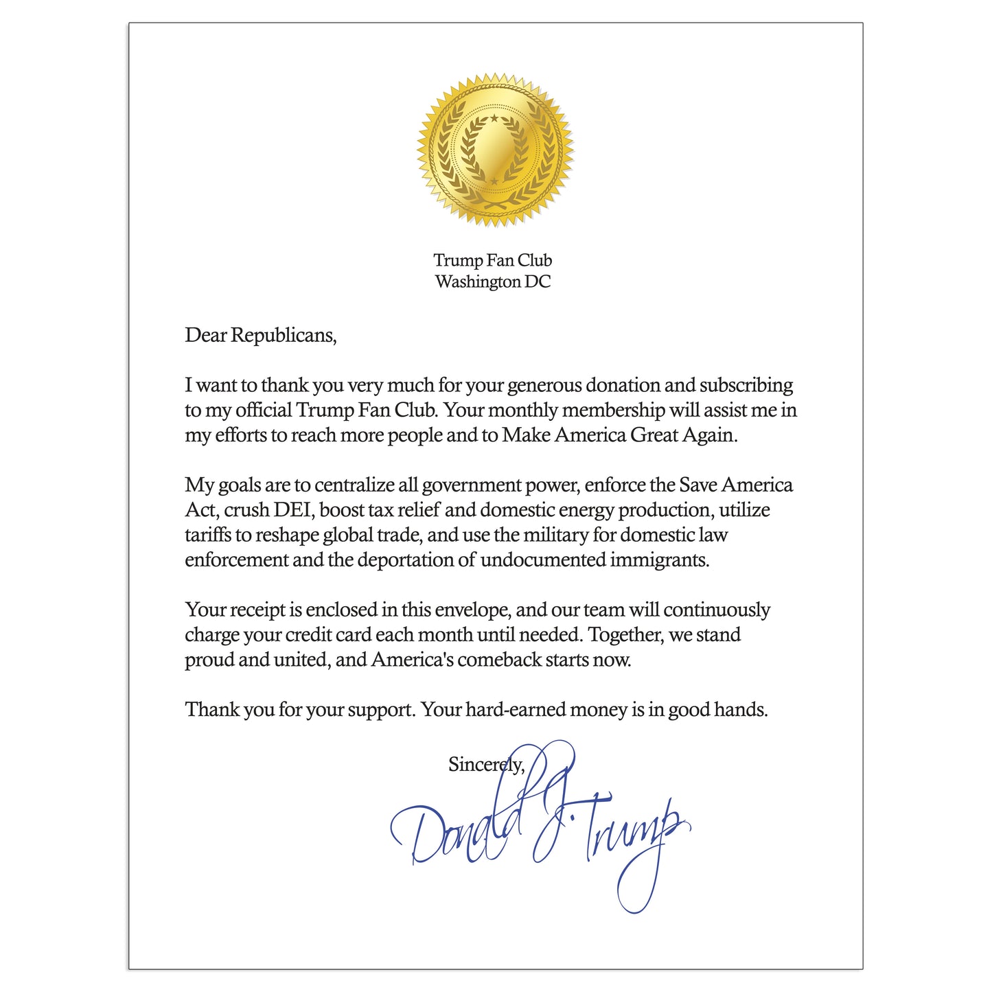Donald Trump Fan Club Donation Prank Packet Mail
