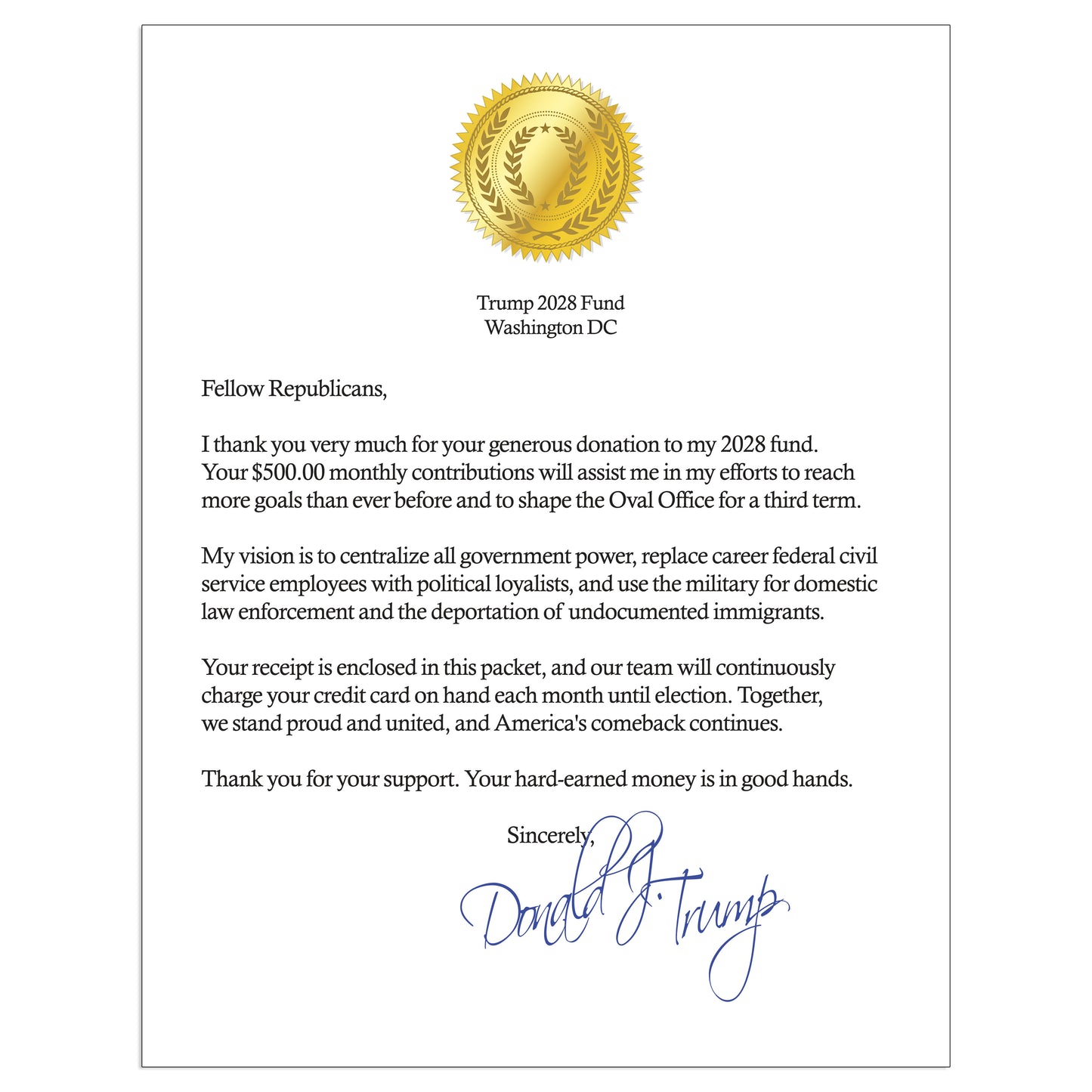Donald Trump 3rd Term 2028 Donation Prank Political Packet Mail