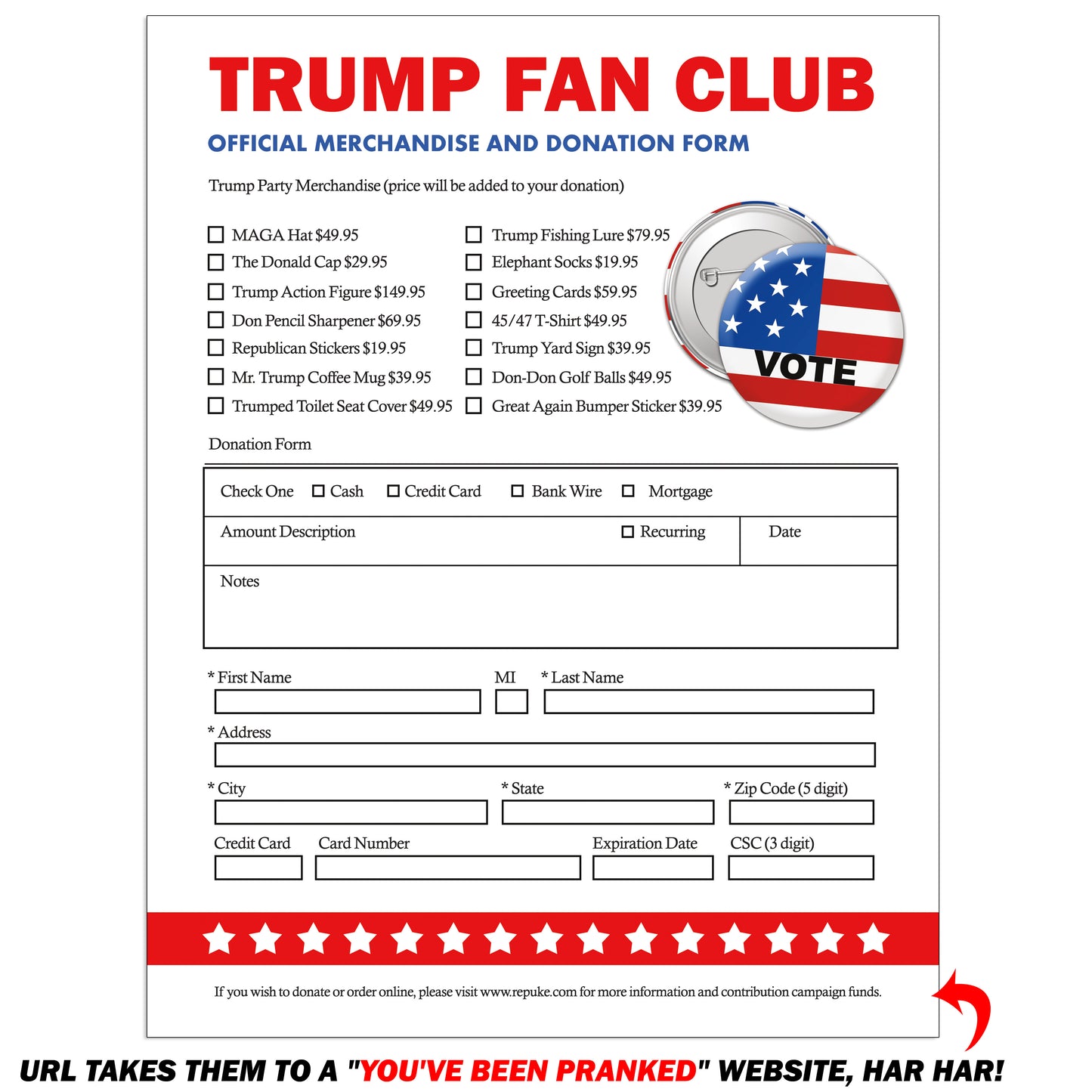 Donald Trump Fan Club Donation Prank Packet Mail