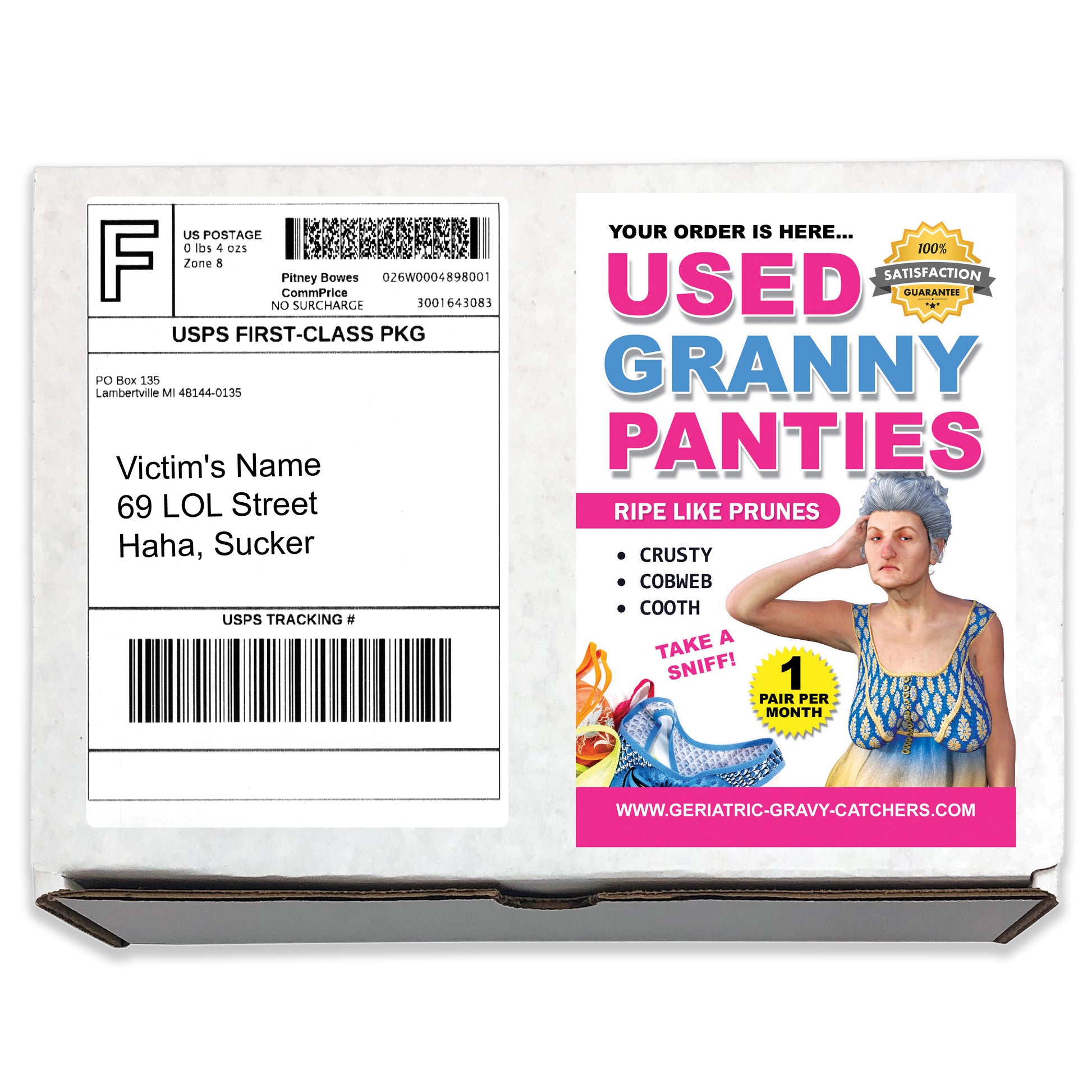 Granny Panties JOKE PRANK Mailer Package. I mail it or you mail it.