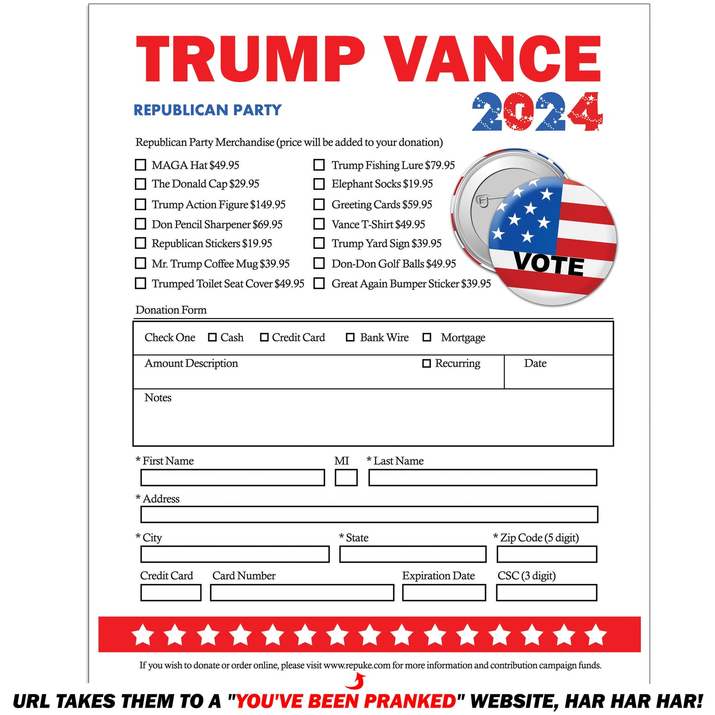 Trump Vance 2024 President Fake Donation Confirmation Packet Mail Gag Gift