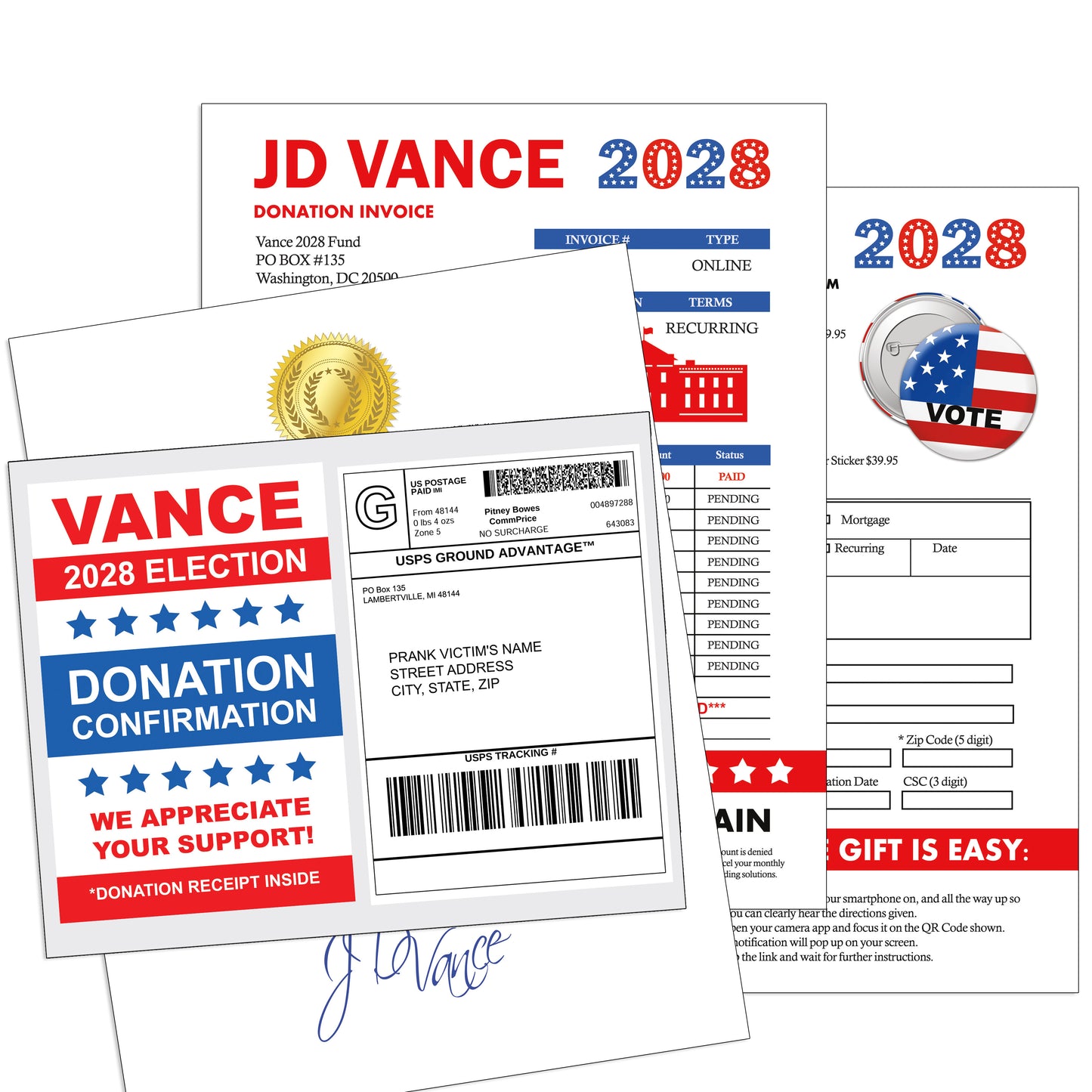 JD Vance 2028 Election Donation Prank Mail