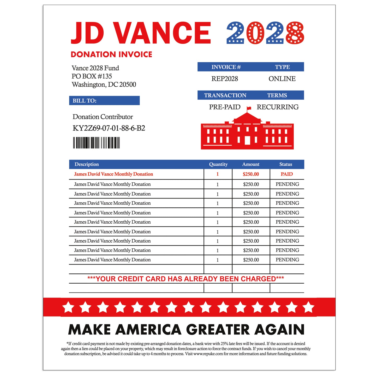 JD Vance 2028 Fake Election Donation Prank Packet Mailer!