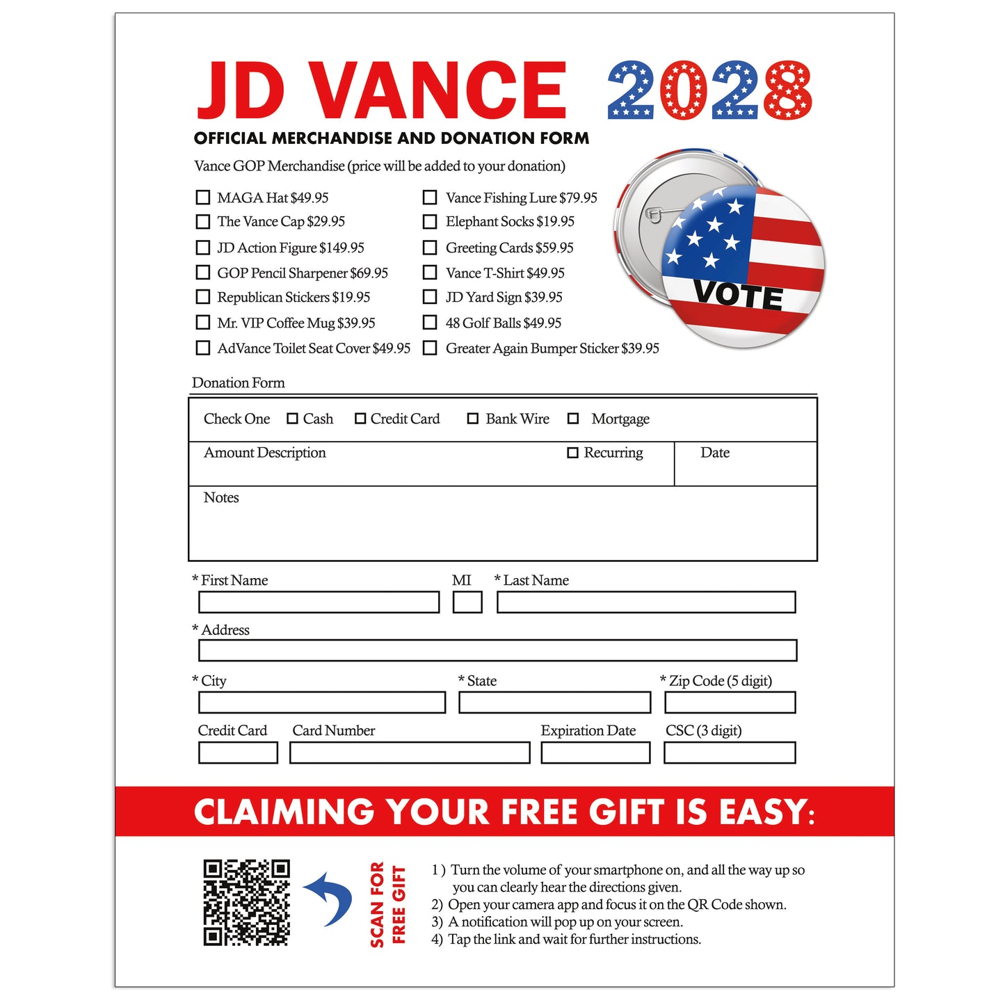 JD Vance 2028 Fake Election Donation Prank Packet Mailer!