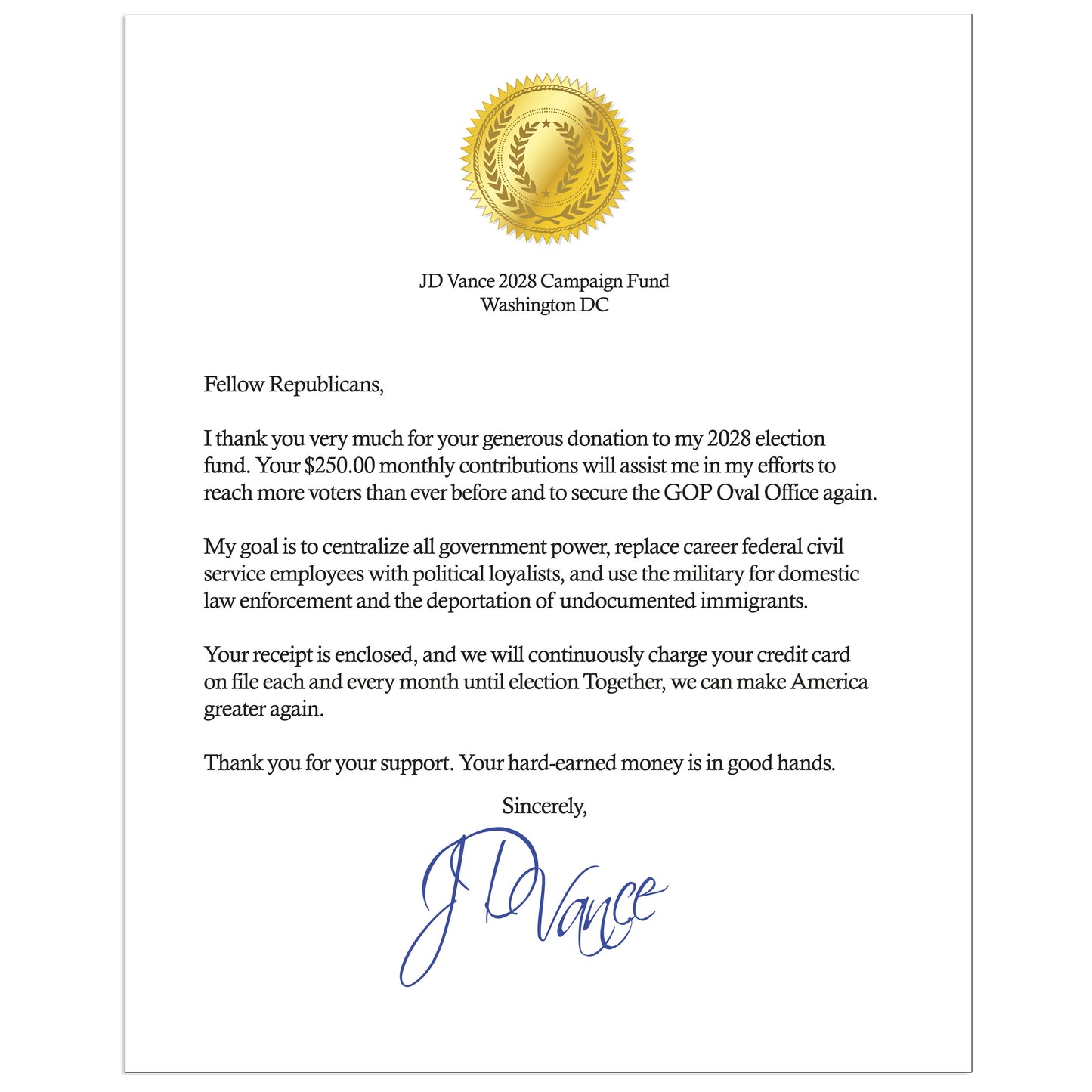 JD Vance 2028 Fake Election Donation Prank Packet Mailer!