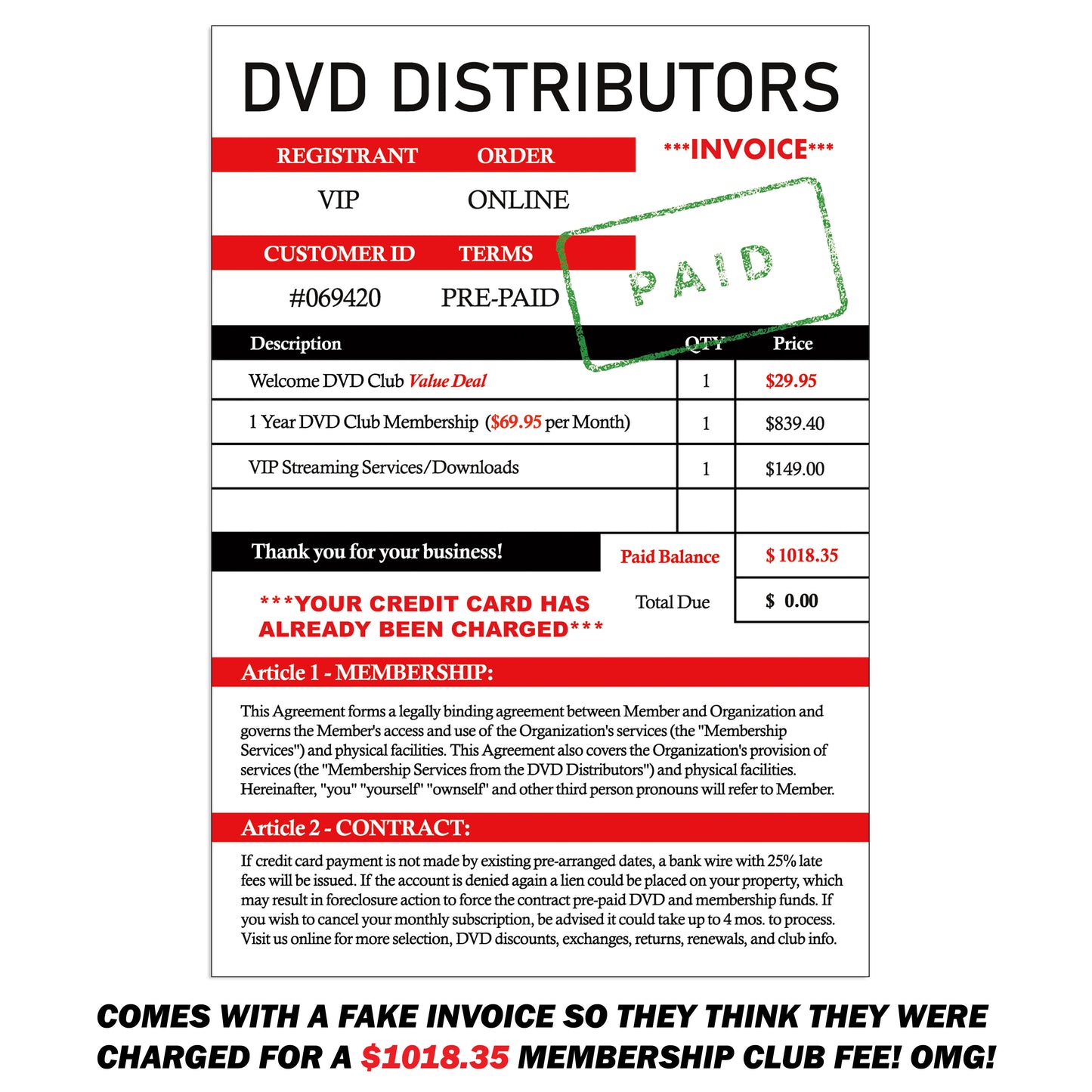 Big Gay Pool Party DVD Invoice Prank Mail Joke Gift