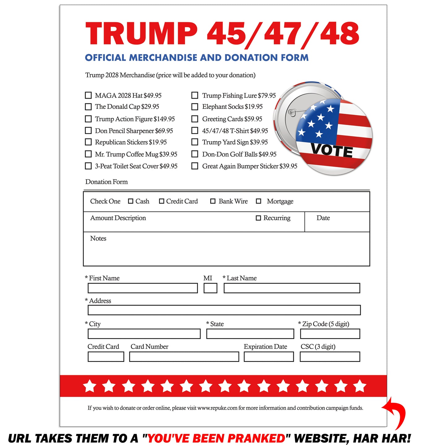 Donald Trump 3rd Term 2028 Donation Prank Political Packet Mail