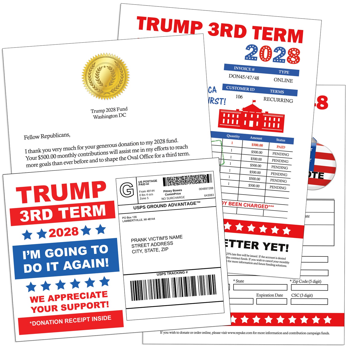 Donald Trump 3rd Term 2028 Donation Prank Political Packet Mail