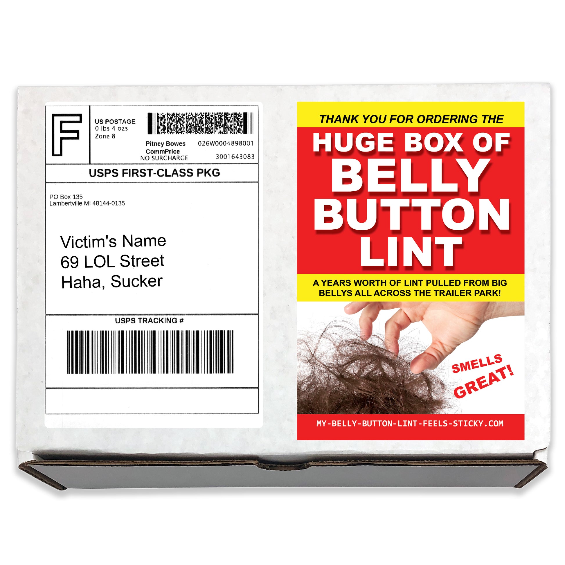 Huge Box of Belly Button Lint embarrassing prank box