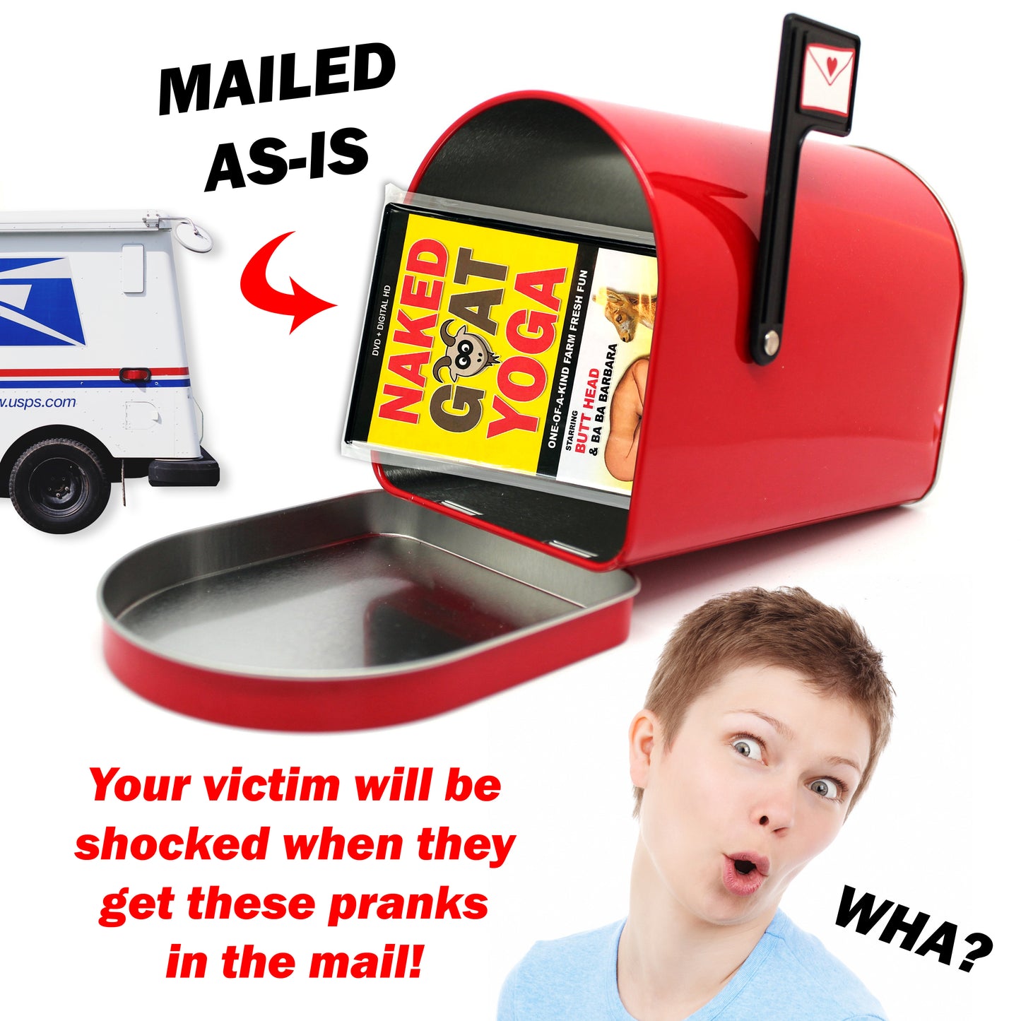 Naked Goat Yoga Fake DVD mail prank gets sent directly to your victims 100% anonymously!