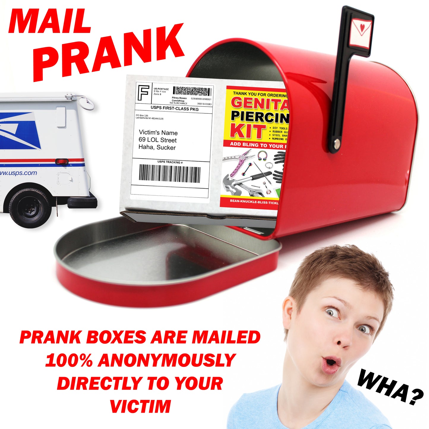 Genital Piercing Kit embarrassing prank box gets mailed directly to your victims 100% anonymously!