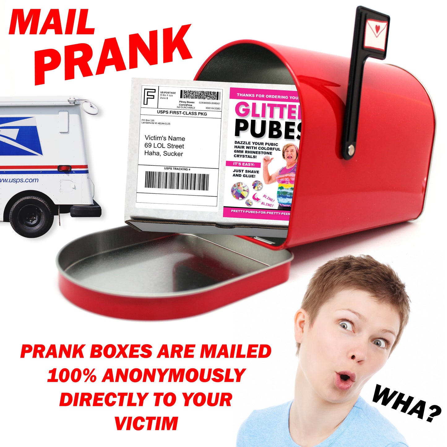 Prank Mail - Glitter Pubes embarrassing prank box gets mailed directly to your victims 100% anonymously!