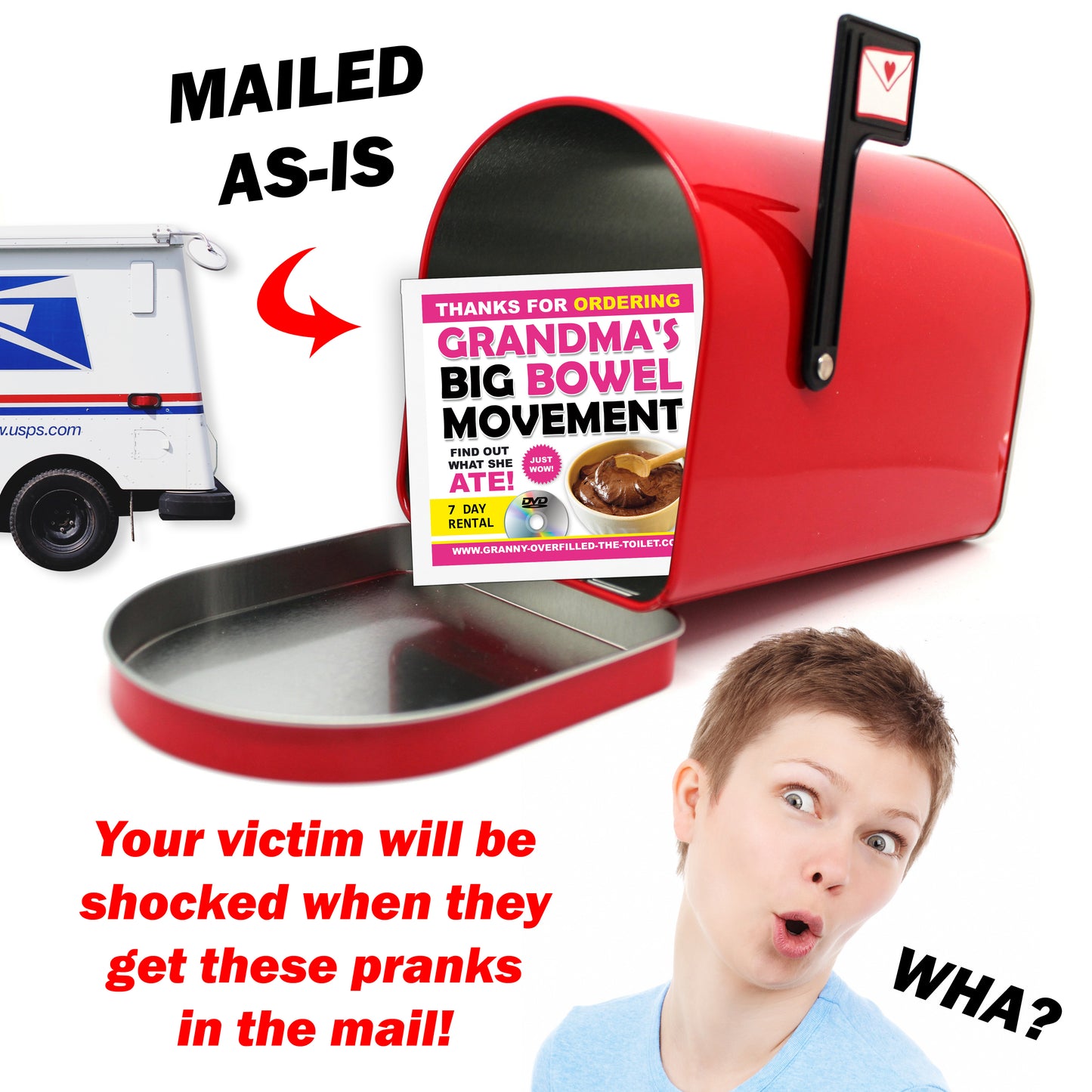 Grandma's Big Bowel Movement Fake DVD mail prank gets sent directly to your victims 100% anonymously!