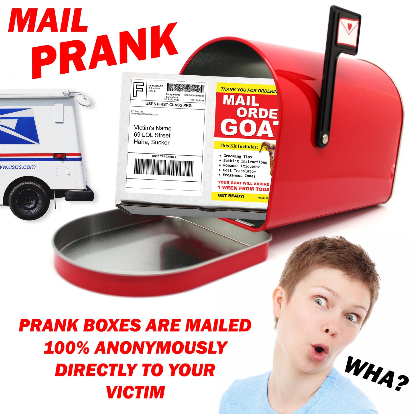 Prank Mail - Mail Order Goat embarrassing prank box gets mailed directly to your victims 100% anonymously!