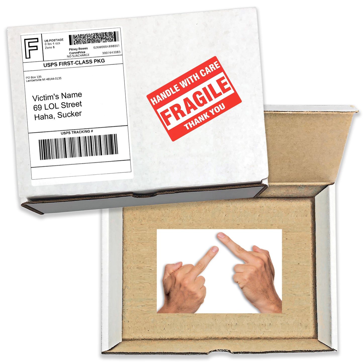 Double Middle Finger Surprise embarrassing prank box gets mailed directly to your victims 100% anonymously!