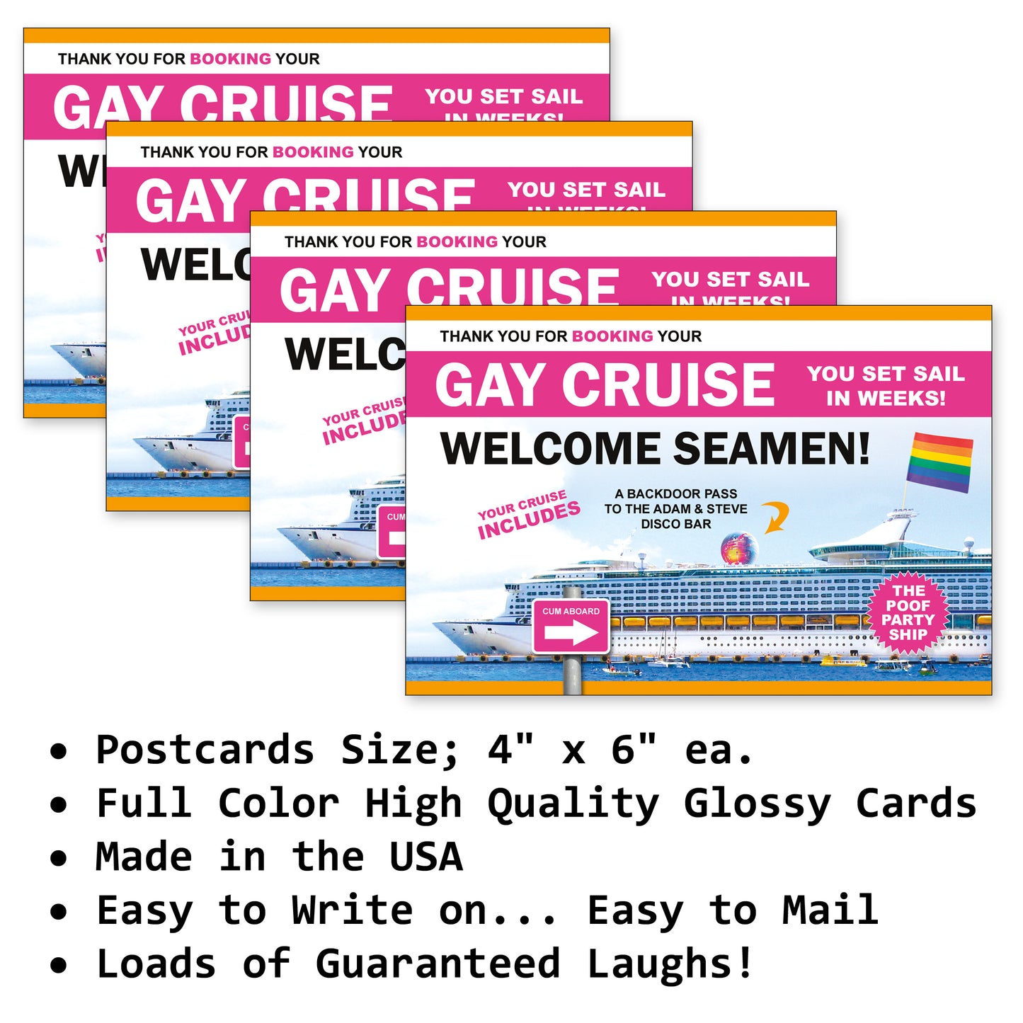 4 Pack Prank Gay Cruise Postcards sent to YOU so you can Play some Gags on your Friends yourself!