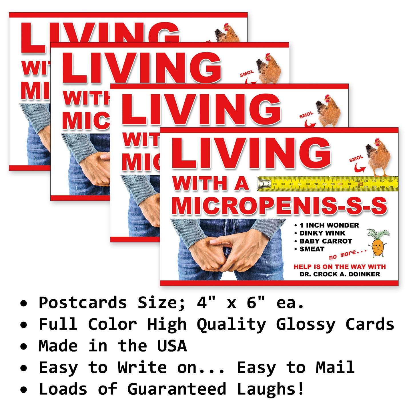 4 Pack Prank Micropenis Postcards sent to YOU so you can Play some Gags on your Friends yourself!