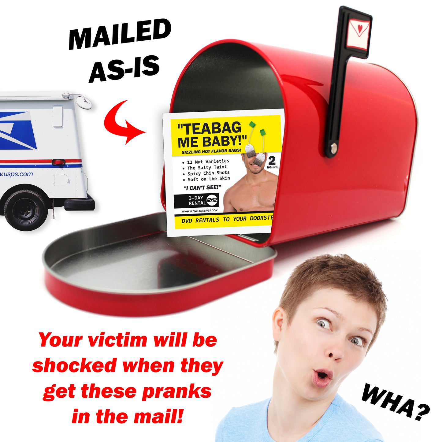 Teabag Me Baby Fake DVD mail prank gets sent directly to your victims 100% anonymously!