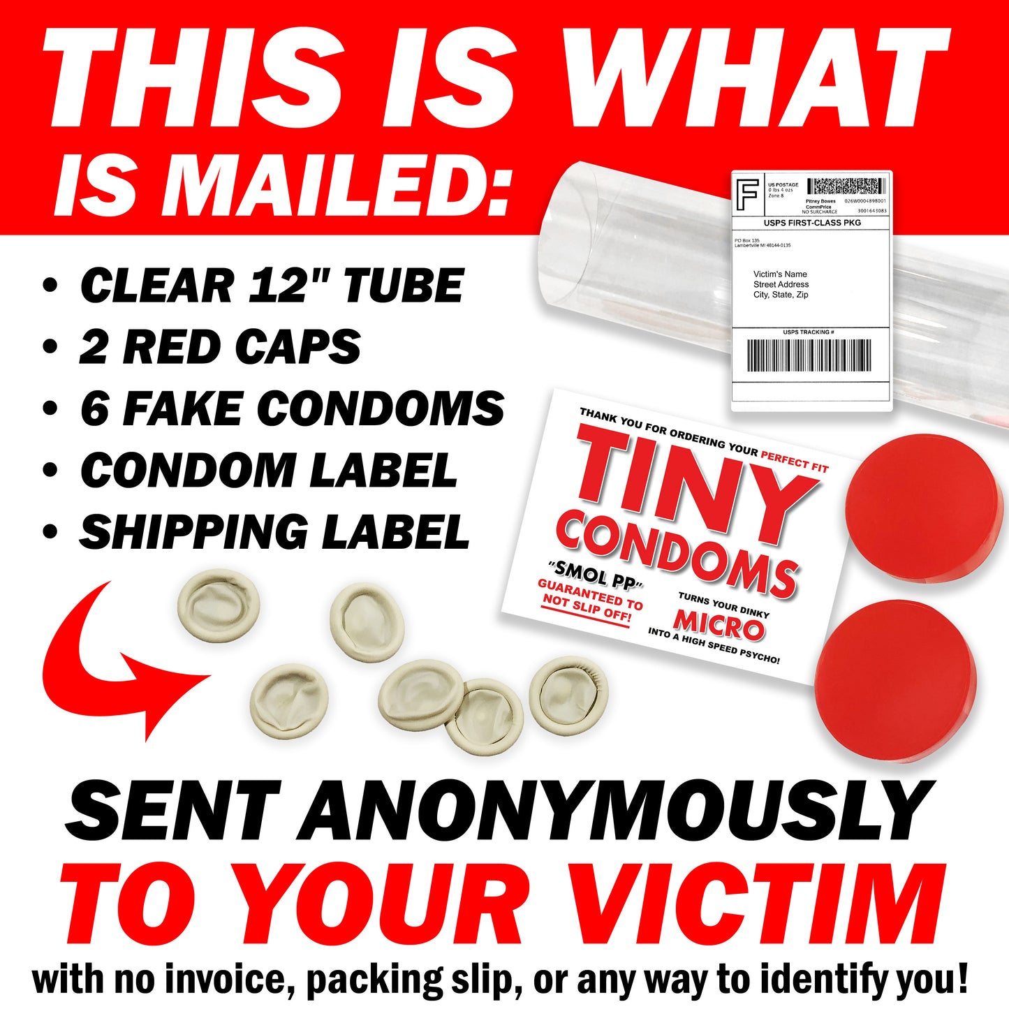 Tiny Condoms embarrassing clear prank tube gets mailed directly to your victims 100% anonymously!